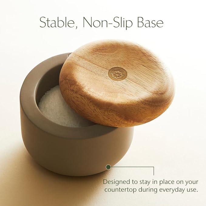 Evermill Salt Cellar (Salt Well) – Premium Marble or Concrete Container with Wooden Lid – Easy Access Kitchen Salt Box with Magnetic Swivel Lid – Includes Sea Salt (White with Oak)