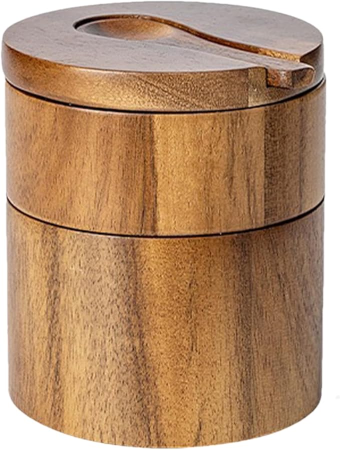 Salt Cellar with Lid | Pepper Container with Magnetic Swivel Lid,2-Layers Wooden Cellar Bowl with Spoon for Storage Pepper Coffee Sugar Pickling Kitchen Countertop Dining Table