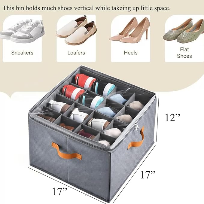 2 Pack Shoe Organizer for Closet, Foldable Storage Box with Adjustable Dividers, Holds 32 Pairs, Oxford & PP Board, Stackable Gray Bin with Clear Cover and Leather Handles, 17x17x12 inch