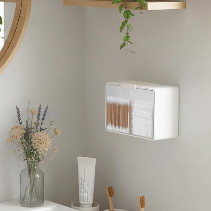 Qtip Holder, Wall Mount Qtip Holder Organizer for Bathroom Cotton Swabs, Balls, Cosmetic Cotton Pads, Dental Floss Storage - White