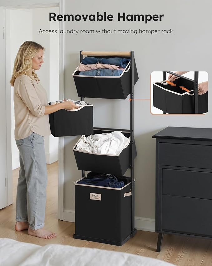 SOLEDI 4 Section Laundry Hamper Sorter, Stackable Laundry Basket Organizer with Removable Basket, 125L 4-Tier Vertical Laundry Sorter for Small Space, Laundry Room, Dorm, Bathroom, Wardrobe Black