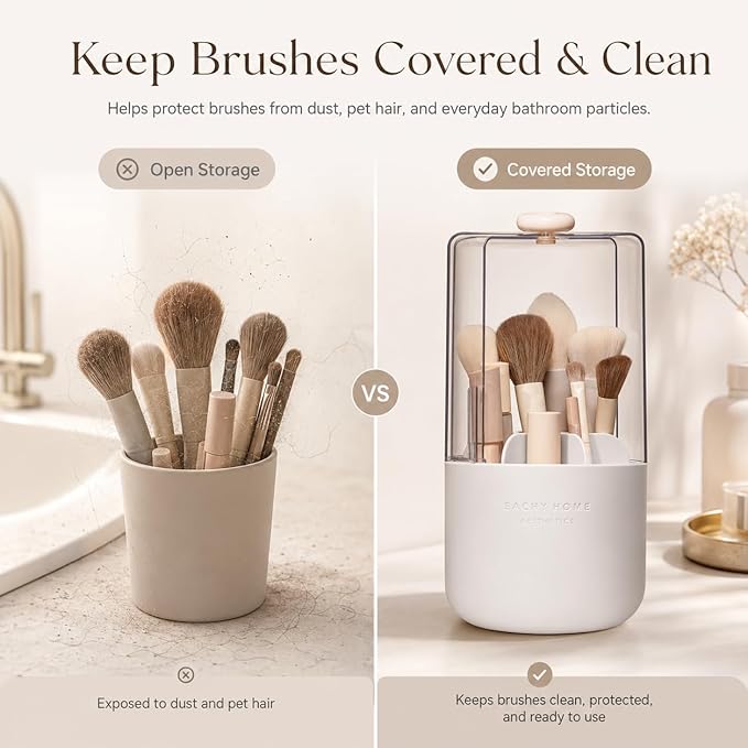EACHY Makeup Brush Holder with Lid, 360° Rotating Vanity Organizer for Brushes, Dustproof Cosmetic Display Case, 7 Compartments, Waterproof Plastic (White)