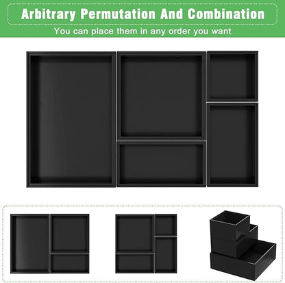 Black Bamboo Bathroom Drawer Organizer, Wooden Kitchen Utensil Holder Set of 5, Stackable Junk Drawer Organizer Tray, Multi-Use Storage Bins Boxs Dividers for Home, Office, Clothing, Makeup, Jewelry