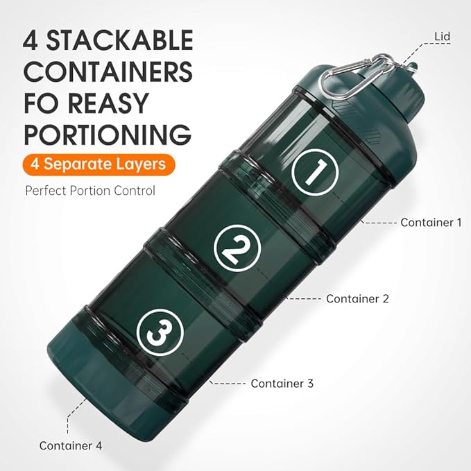 BYLWORKOUT 3-Layer Protein Powder Travel Container with Funnel and Keychain | Portable Food Storage Organizer for Gym, Fitness, Kitchen, Camping, Hiking, and Travel (Emerald Green)