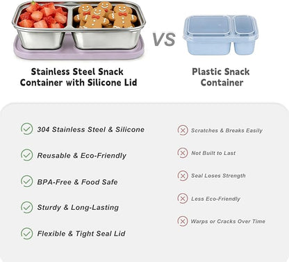 3 Pack Stainless Steel Snack Containers with Silicone Lids, 2-Compartment Snack Containers for Lunch, Office, Travel & Camping (Muted Lilac, Blush Pink, Dusty Rose)