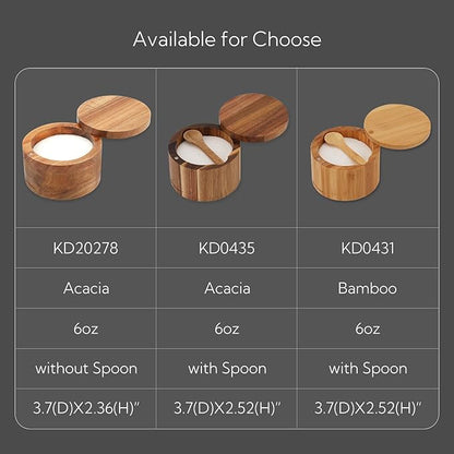 KITCHENDAO Bamboo Salt Cellar Bowl Box Container with Built-in Spoon, Elegant Kitchen Salt Dish Holder Saver Jar with Swivel Magnetic Lid to Storage Pepper Spice, 6OZ