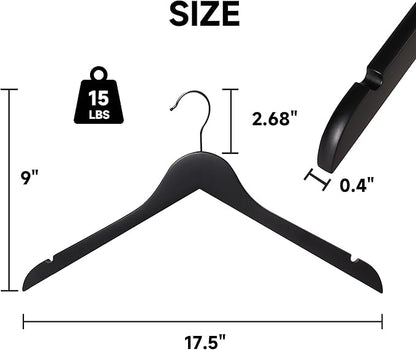 Premium Wooden Top Hangers, Heavy Duty Solid Wood Suit Hangers with 360° Swivel Hook & Anti-Slip Notches, Durable Clothes Hangers for Jackets, Coats, Shirts & Dresses(Black/24-Pack)