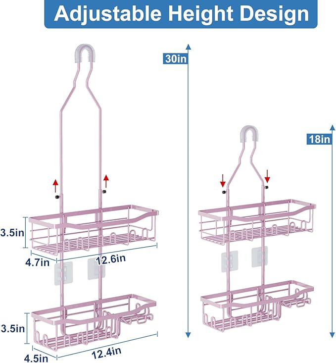 Shower Caddy, Upgraded Extended Length Shower Caddy Over Showerhead No Blocking to Shower Head, Rustproof Shower Organizer with Hooks Shampoo Soap Holder, Bathroom Large Hanging Shower Caddy
