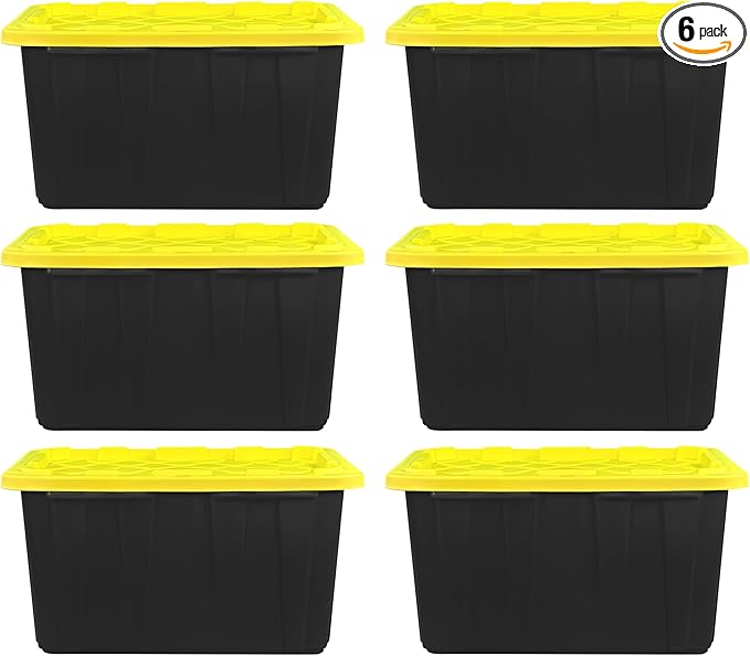 BLACK & YELLOW 27-Gallon Storage Bin with Snap-on Lid, Heavy Duty Plastic Storage Bins with Lid, Stackable, 6 Pack