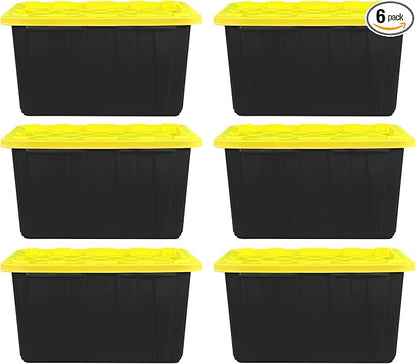 BLACK & YELLOW 27-Gallon Storage Bin with Snap-on Lid, Heavy Duty Plastic Storage Bins with Lid, Stackable, 6 Pack