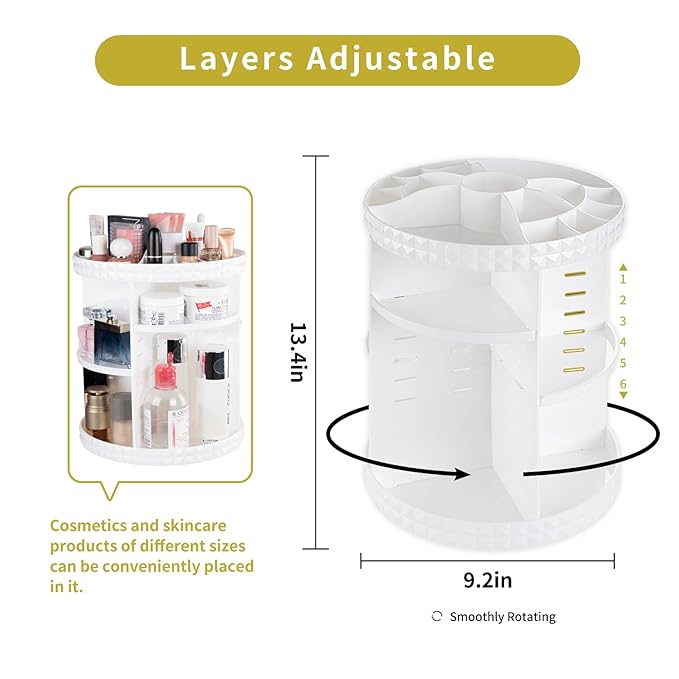 V-HANVER 360 Rotating Makeup Organizer Perfume Organizer White Cosmetic Storage Display Case Large Capacity Acrylic Beauty Holder Adjustable Partition Height for Bedroom Dresser or Bathroom Vanity