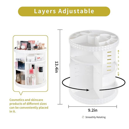 V-HANVER 360 Rotating Makeup Organizer Perfume Organizer White Cosmetic Storage Display Case Large Capacity Acrylic Beauty Holder Adjustable Partition Height for Bedroom Dresser or Bathroom Vanity