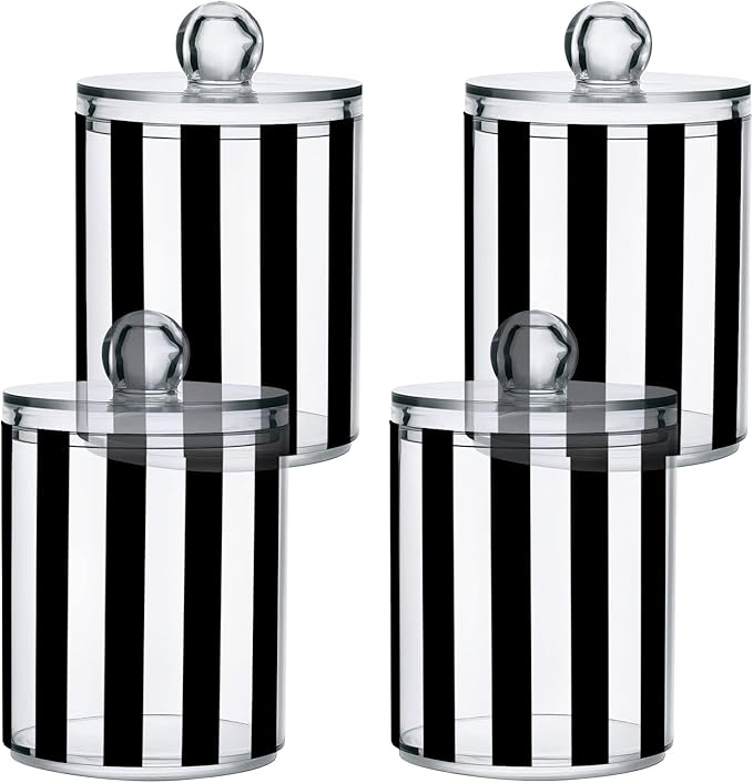 2 Pack Qtip Dispenser Apothecary Jars Bathroom Organizer, White and Black Striped Qtip Holder Storage Canister Plastic Acrylic Jar for Cotton Ball/Swab/Rounds