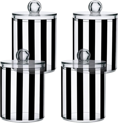 2 Pack Qtip Dispenser Apothecary Jars Bathroom Organizer, White and Black Striped Qtip Holder Storage Canister Plastic Acrylic Jar for Cotton Ball/Swab/Rounds