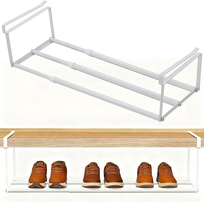 Ihomepark Expandable Shoe Rack Organizer, Adjustable Metal Shoe Rack for Closets & Entryways, Under Cabinet Shelf for Shoe or Clothing Storage, White
