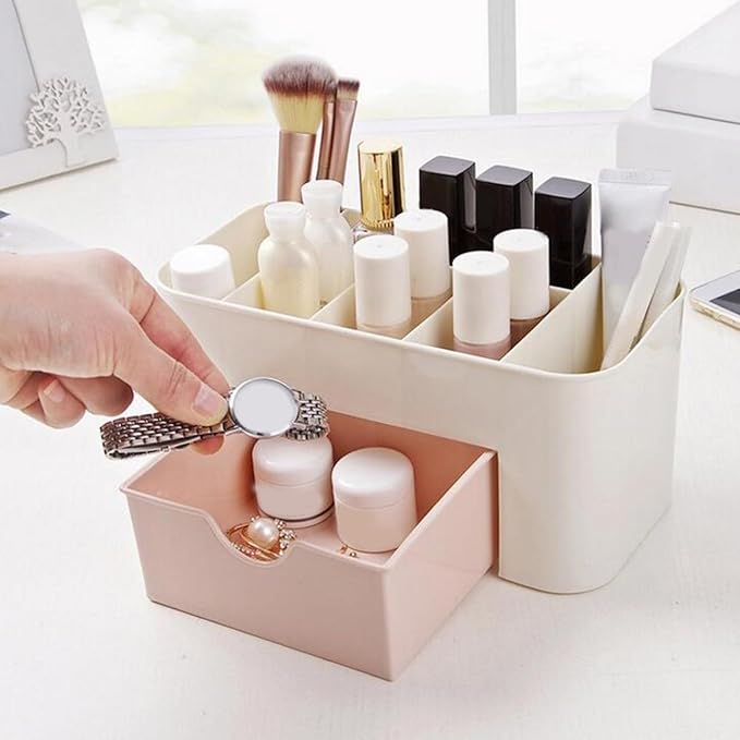 Tabletop Cosmetic Organizer, Spacious Plastic Jewelry Storage Box with Drawer Multicompartment Makeup Display Case for Dressing Table Bathroom