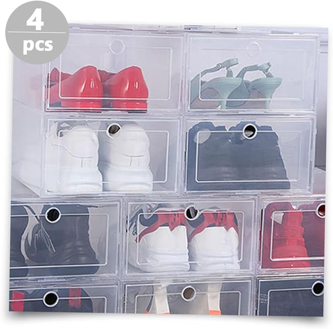 Luxshiny Shoe Boxes Lids 4 Pack Stacked Shoe Storage Boxes Pp Plastic Home Organizers