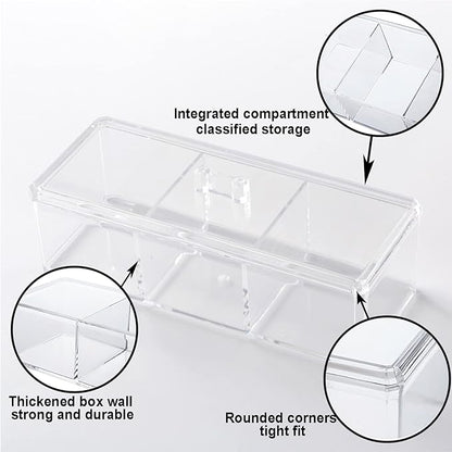 Square Qtip Holder Dispenser, 3 Compartments Cotton Ball Holder, Bathroom Canisters for Cotton Swab, Ball, Cottons Pad Organizer, Clear Acrylic Containers with Lid for Bathroom Vanity Countertop
