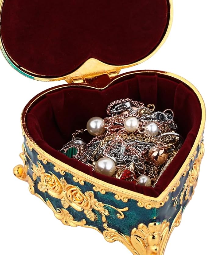 Retro Metal Jewelry Box - Heart shaped Jewelry Play Box with Rose Table Jewelry Storage Box Used for Rings Earrings Necklaces Women's Gifts Girls' Gifts (Blue)