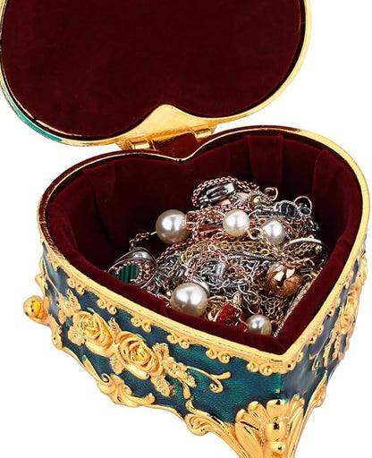 Retro Metal Jewelry Box - Heart shaped Jewelry Play Box with Rose Table Jewelry Storage Box Used for Rings Earrings Necklaces Women's Gifts Girls' Gifts (Blue)