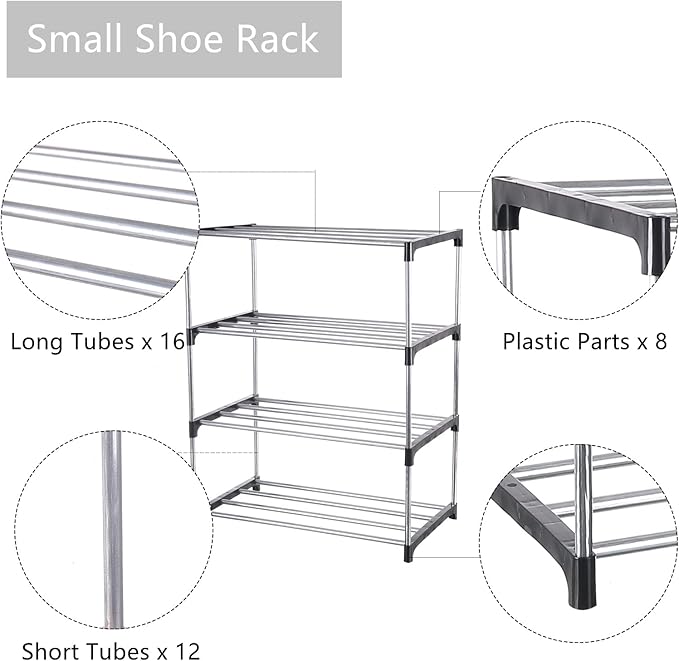 Small Shoe Rack, Narrow Stackable Shoe Shelf Organizer for Entryway, Doorway and Bedroom Closet (4-Tier, Black)