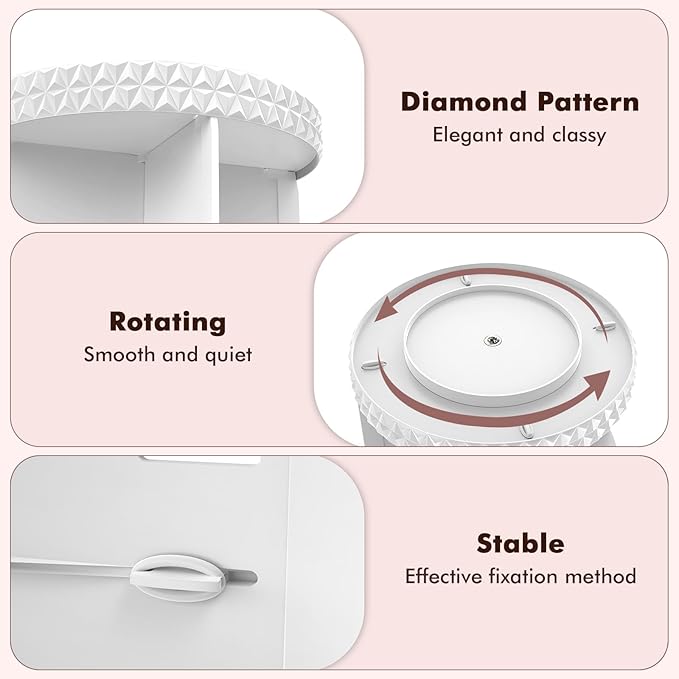 Rotating Makeup Organizer, Adjustable Vanity Organizer, Large Capacity Cosmetic Display Case for Spinning, Storage Carousel for Bathroom and Vanity Countertop, Diamond Pattern, Large, White