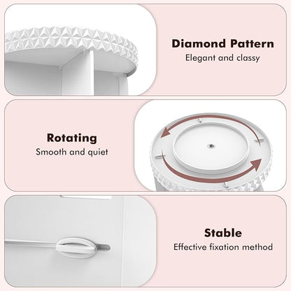 Rotating Makeup Organizer, Adjustable Vanity Organizer, Large Capacity Cosmetic Display Case for Spinning, Storage Carousel for Bathroom and Vanity Countertop, Diamond Pattern, Large, White