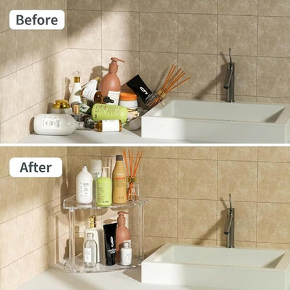 2 Tier Clear Acrylic Bathroom Corner Organizer, Countertop Vanity Tray for Makeup, Cosmetics, Perfume - Freestanding Storage Shelf for Bathroom, Bedroom, Kitchen