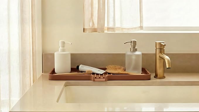 Silicone Soap Dish Tray and Sponge Holder with Drain Chute, Rectangular, Kitchen and Bathroom Sink Organizer (Mocha, 12"x4")