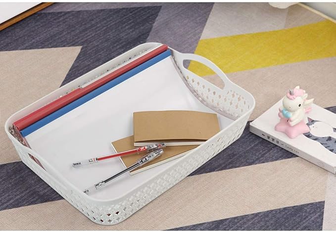 6 Packs Large Plastic Storage Tray Baskets with Handles for Organizing, White