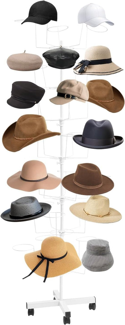 Rotating Hat Display Rack Stand 7 Tiers, Metal Hats Display Stand with 35 Hooks, Cap Organizer Hat Display with Wheels Standing，Floor Standing Display Tower for Wig, Cap, Baseball Hat (White)