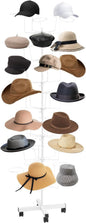 Rotating Hat Display Rack Stand 7 Tiers, Metal Hats Display Stand with 35 Hooks, Cap Organizer Hat Display with Wheels Standing，Floor Standing Display Tower for Wig, Cap, Baseball Hat (White)