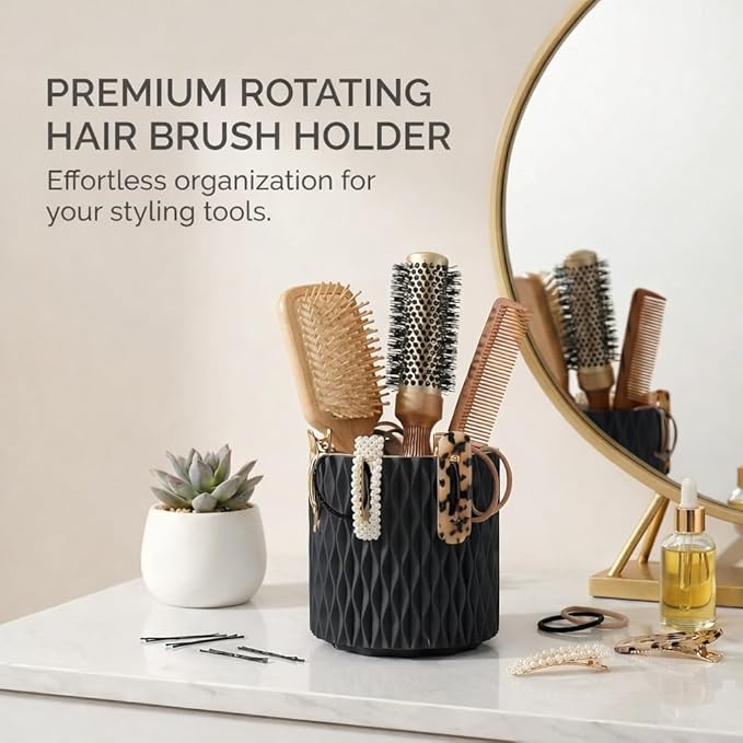 Makeup Brush Holder Organizer, 360° Rotating 5-Slot Make up Brushes Cup for Cosmetic, Lipstick, Hair Brush Holder - Spinning Vanity Countertop Caddy for Bathroom, Dorm & Office, Black