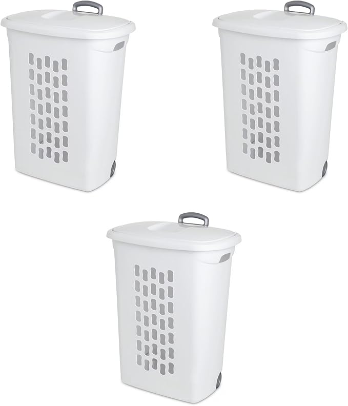 Sterilite 3-Pack Ultra Wheeled Hamper, Laundry Basket w/ Flip-Top Lid & Retractable Handle - Plastic Rolling Clothes Storage Cart with Ventilated Holes for Home, Apartment or Dorm