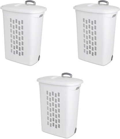 Sterilite 3-Pack Ultra Wheeled Hamper, Laundry Basket w/ Flip-Top Lid & Retractable Handle - Plastic Rolling Clothes Storage Cart with Ventilated Holes for Home, Apartment or Dorm