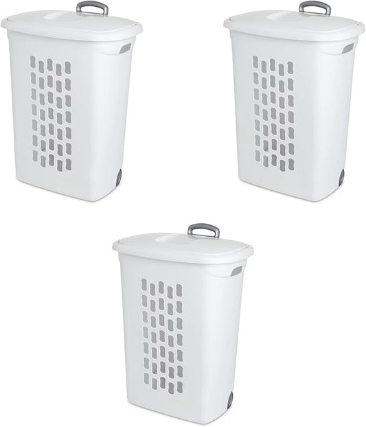 Sterilite 3-Pack Ultra Wheeled Hamper, Laundry Basket w/ Flip-Top Lid & Retractable Handle - Plastic Rolling Clothes Storage Cart with Ventilated Holes for Home, Apartment or Dorm