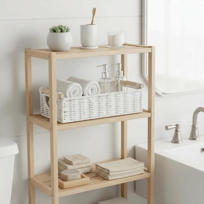CubesLand Small Wicker Toilet Basket Tray Organizer W/Cut Out Handle, Handwoven Slim Decorative Basket for Countertop, Shelves And for Rustic Home Decor, Living Room, Nursery Organization, Cream