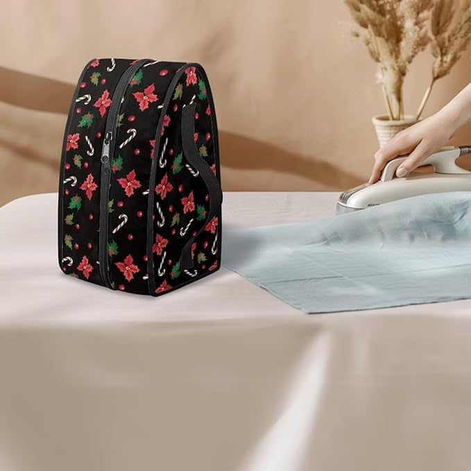 Christmas Clothes Iron Storage Case for Clothing Store, Reusable Wear-resistant Iron Portable Storage Bag with Zipper Handle, Poinsettia Holly Crutch