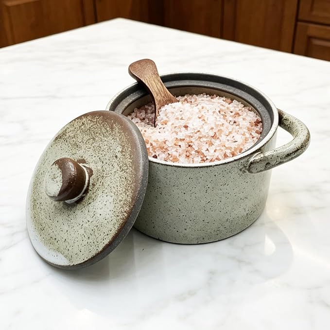 Ceramic Salt Cellar With Lid & Spoon,12oz Salt Container For Countertop,Sugar Bowl,Spice Jar(Coarse Pottery Color B)