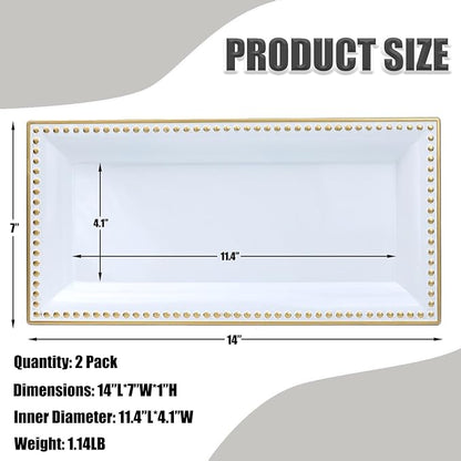 2 Pack White Bathroom Vanity Tray for Countertop with Beads, Small Plastic Toilet Tank Tray Versatile Storage Organization Tray for Makeup, Perfume, Desk, Kitchen, Candles, 14"x7"x1", 36W