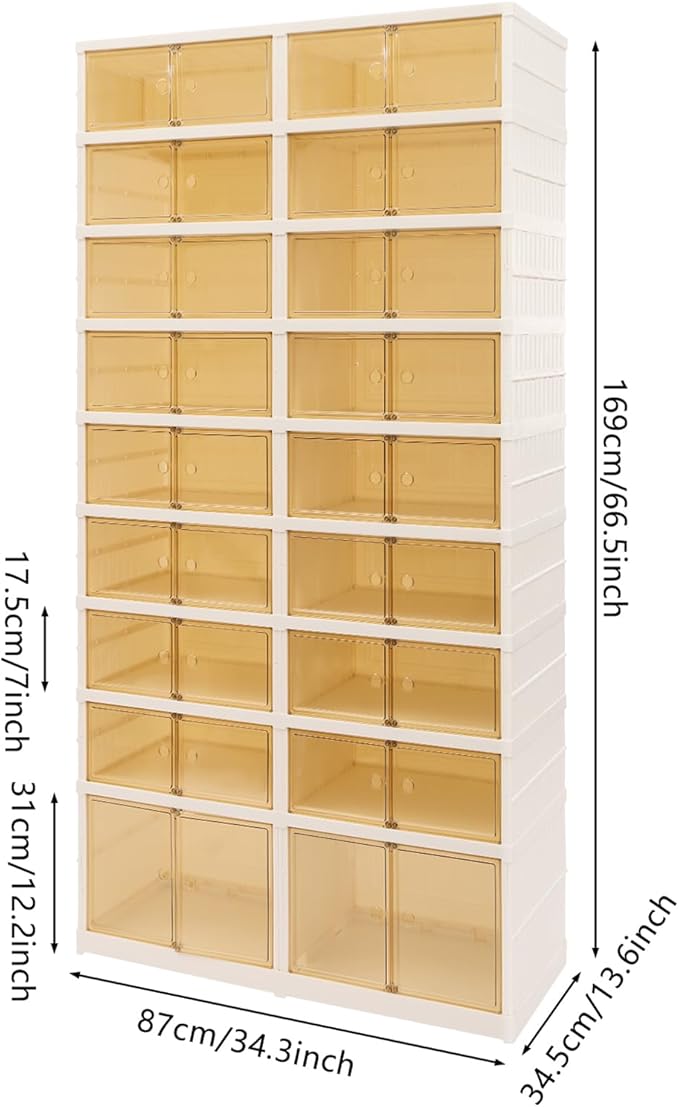 9 Tier Foldable Shoe Rack, Portable 36 Pairs Shoe Organizer, Collapsible Plastic Shoe Storage Cabinet, Clear Shoes Storage Shelf with Door, Stackable Shoes Storage Box for Entryway