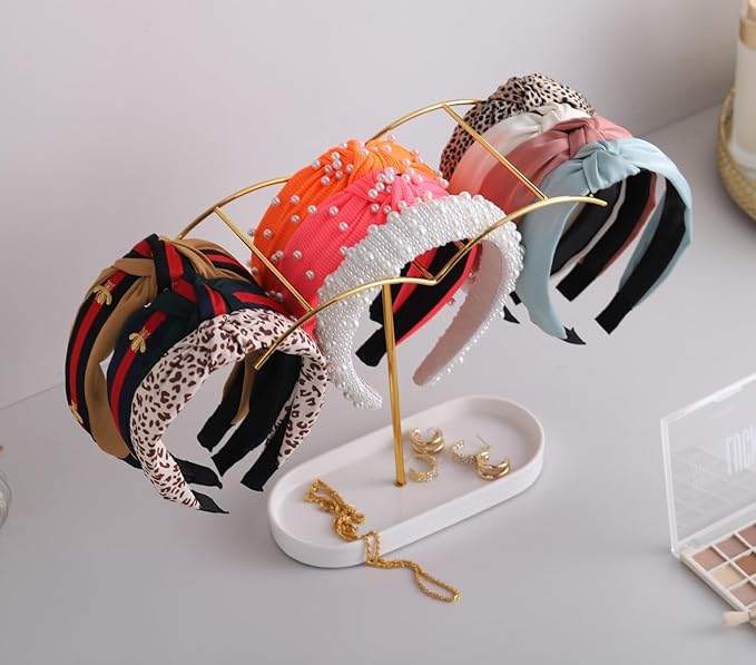 Headband Holder with Ceramic Jewelry Tray,Headband Organizer for Women Girls,Hair Hoop Band Ear Display Stand,Aesthetic Vanity Hair Accessories Organizer for College Dorm Room Gold Decor