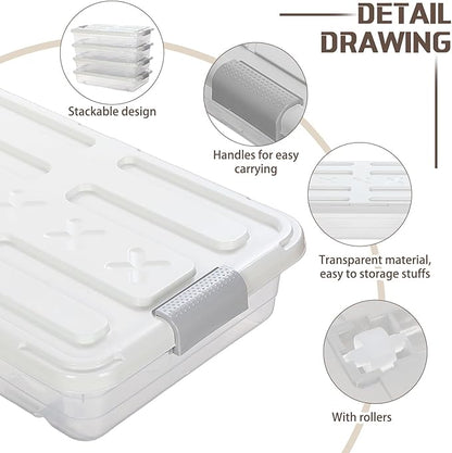 Beeveer 4 Pcs Plastic Under Bed Storage Containers with Lid Wheel Handle, Transparent Large Capacity Stackable Latching Storage Bins for Closet Bedroom Clothes Shoes Blanket(23.7 x 15.8 x 5.2,White)