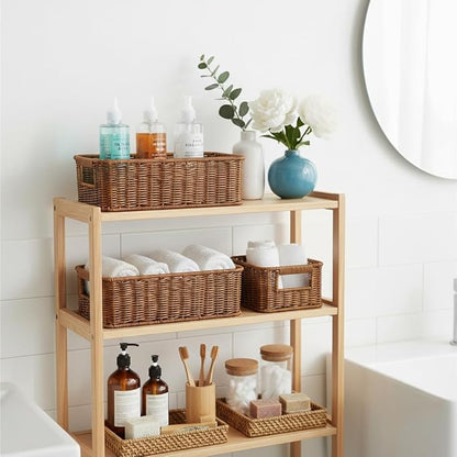2pcs Toilet Tank Basket, Rectangular Wicker Shelf Basket for Organization, Waterproof Handwoven Toilet Paper Rolls Baskets for Bathroom Countertop, Storage Shelf, End Table (Coffee Brown)