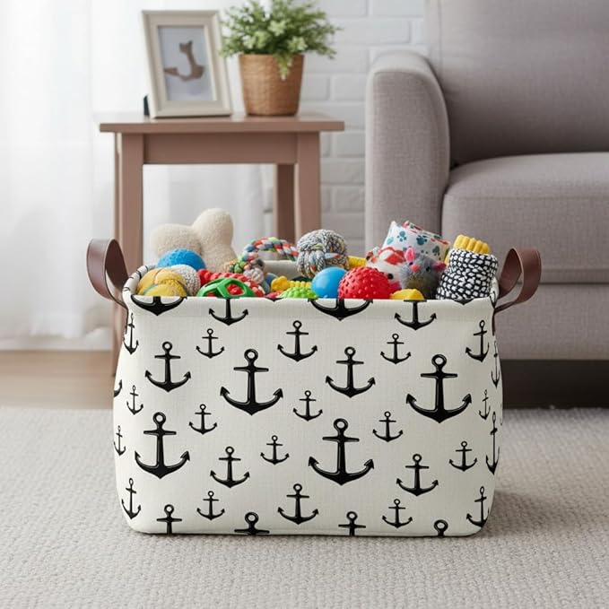 Anchor Storage Basket Waterproof Canvas Toy Storage Bin Home Anchor Decor Collapsible Outdoor Basket with Leather Handles Nautical Decor Blanket Baskets For Closets,Bedrooms,Gifts Baskets