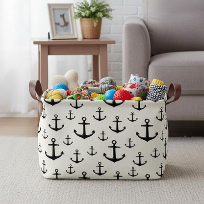Anchor Storage Basket Waterproof Canvas Toy Storage Bin Home Anchor Decor Collapsible Outdoor Basket with Leather Handles Nautical Decor Blanket Baskets For Closets,Bedrooms,Gifts Baskets