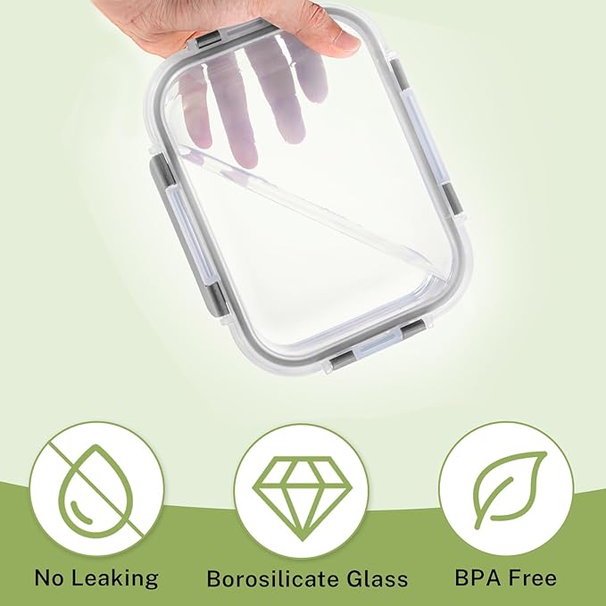 HOMBERKING 8 Pack Glass Food Storage Containers with Lids, Meal Prep Containers, Airtight Bento Boxes with Leak Proof Locking for Microwave, Oven, Freezer and Dishwasher, BPA Free, 5-35oz