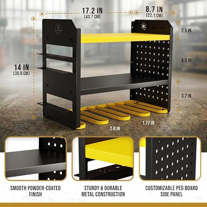 BUILTSTRONG Power Tool Organizer Wall Mount – 3-Tier Heavy-Duty Steel Rack, 4 Drill Slots, Pegboard + Utility Side, 100 lb Capacity – Garage, Workshop & Shed Storage (Yellow)