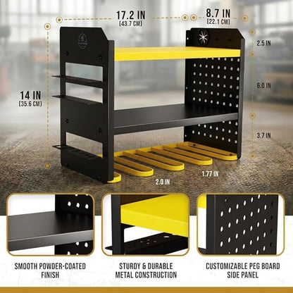 BUILTSTRONG Power Tool Organizer Wall Mount – 3-Tier Heavy-Duty Steel Rack, 4 Drill Slots, Pegboard + Utility Side, 100 lb Capacity – Garage, Workshop & Shed Storage (Yellow)