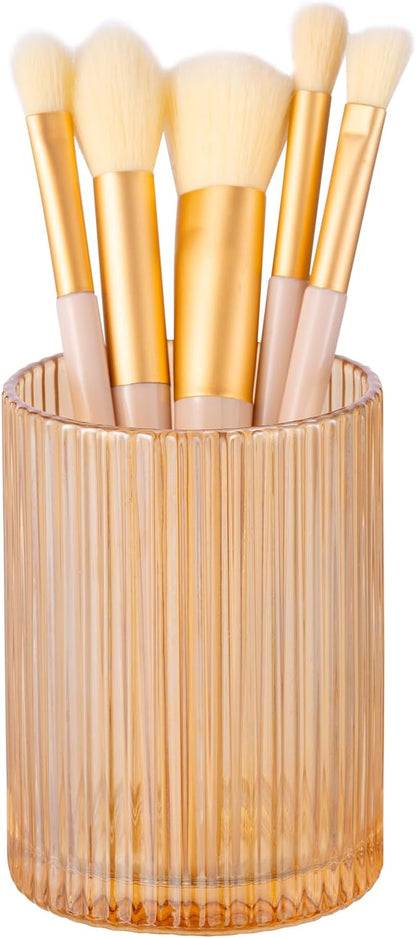 DASITON Makeup Brush Holder Organizer, Crystal Cosmetic Makeup Brushes Storage Holder, Glass Make Up Brush Holder, Vintage Striped Make Up Cup Desk Pen Pencil Holder, Toothbrush Holders (Coffee S)